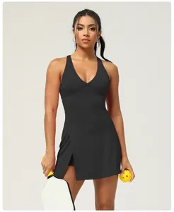 Close-up of a black sleeveless backless quick-dry tennis dress with built-in pads
