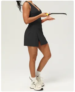 Sleeveless backless black quick-dry athletic dress with built-in shorts for pickleball
