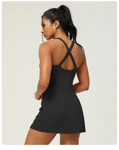 Back view of a black quick-dry sports romper with cross-back straps and built-in bra