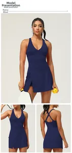 Detail views of navy blue sleeveless quick-dry athletic yoga dress with built-in bra