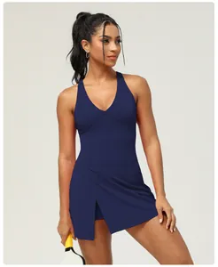Navy blue sleeveless backless athletic yoga dress with built-in shorts for women