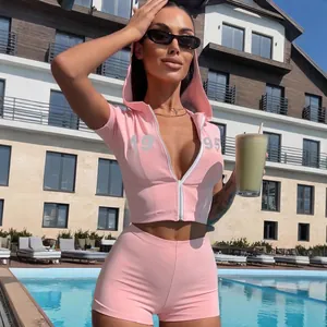 Women Rhinestone Zip Up Hooded Short Sleeve Top And Bottom Slim Fit Sporty Streetwear Casual Skinny Shorts Clothing