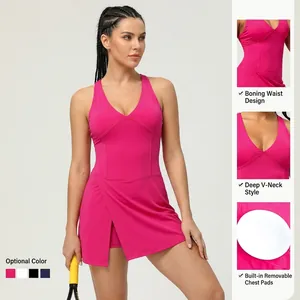 Premium quick-dry sleeveless yoga one-piece dress with built-in pads and deep V-neck