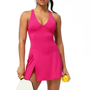 Vibrant hot pink sleeveless quick-dry athletic romper dress with V-neck for tennis and yoga