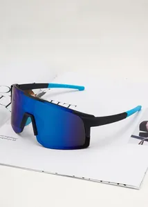 Close-up view of blue mirrored sports sunglasses for outdoor riding hiking and running