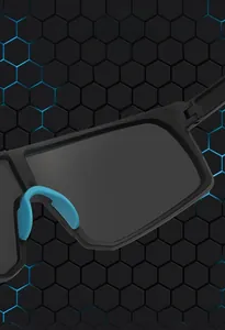 Close-up of sports sunglasses lens featuring blue nose pad and full-frame coating technology