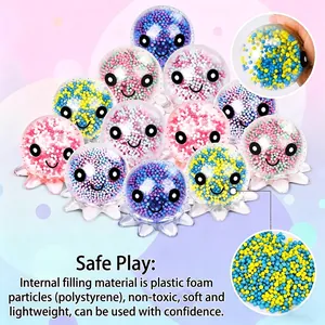 Macro detail view showing colorful polystyrene foam beads inside a cute octopus toy