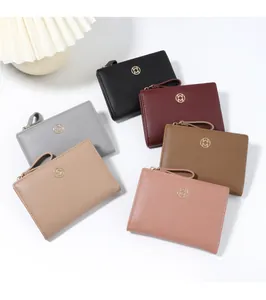 Macro view of six trendy colors of minimalist bifold short wallets for women's use