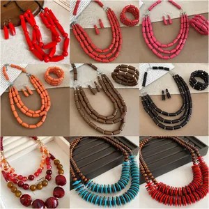Bohemian multilayer jewelry set including agate-style necklace, earrings, and bracelet