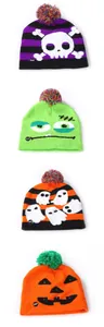 Halloween LED light-up knitted beanies with skull, monster, ghost and pumpkin patterns