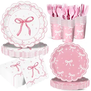 Set di Stoviglie per Feste Usa e Getta a Tema Fiocco Rosa Piatti di Carta a Festone Bicchieri Tovaglioli Tovaglia per Compleanno