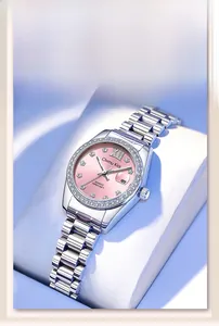 Elegant silver women's watch with pink dial and sparkling diamond-encrusted bezel detail.