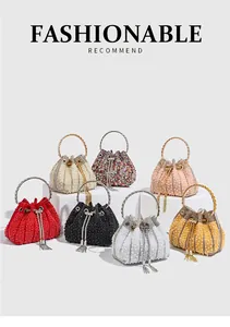 Detailed view of luxury beaded evening bucket bags with tassel and rhinestone decor