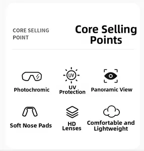 Detail infographic showing UV protection and photochromic lenses for sports sunglasses.