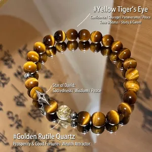 Natural yellow tiger eye bracelet with golden rutilated quartz and hexagram charm