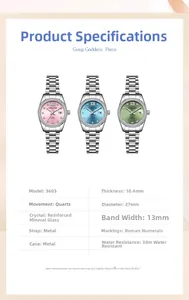 Detail view of women's quartz watch specification sheet with technical parameters