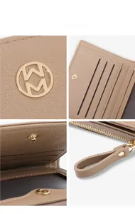 Detail view of women's short leather wallet showing logo, card slots, and zipper.