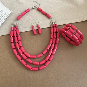 Ethnic hot pink agate bead jewelry set with multi-strand necklace bracelet earrings
