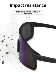 Detail of impact resistant sports sunglasses lens protecting against wind and sand.