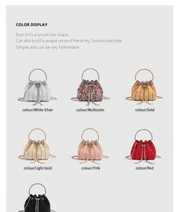 Detailed color display of rhinestone bucket evening bags in gold, silver, and red