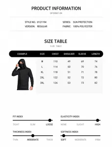 Comprehensive size chart and technical specifications for the UV protection sun hoodie