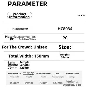 Comprehensive size and material specification chart for outdoor sports sunglasses HC8034