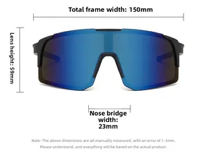 Detailed technical dimensions for blue mirrored outdoor sports sunglasses with UV protection