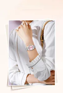 Elegant ladies' stainless steel quartz watch with pink dial and shiny diamond-set bezel