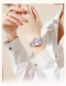 Elegant silver steel quartz watch for women with pink dial and diamond bezel detail.