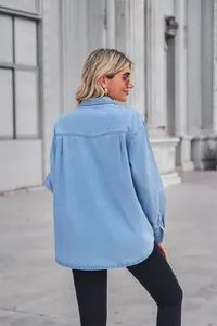 Back view of a light blue long-sleeved women's denim shirt with lapel collar detail.