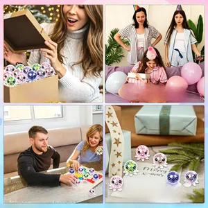 Colorful mini octopus squishy toys shown in gift boxes and party decoration scenes