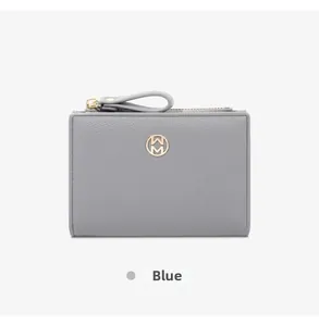 Minimalist grey two-fold short wallet for women featuring gold logo and pebbled leather