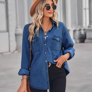 Chic women's denim long-sleeve shirt with lapel collar and classic dual front pockets