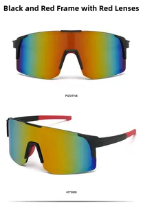 Close-up showing front and side views of black-red sports sunglasses with colorful lenses