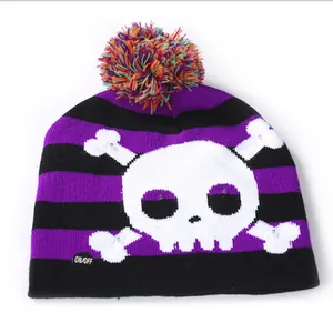 Purple and black striped Halloween LED light-up beanie with skull and crossbones pattern