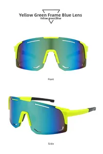 Outdoor sports sunglasses with yellow green frame and blue mirror lens detail views