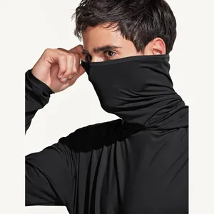Male model wearing black UPF50+ ice silk sun protection shirt with integrated face mask.