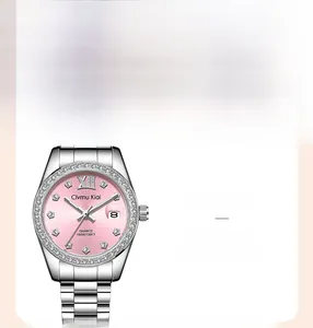 Close-up detail of luxury women's steel quartz watch with pink dial and diamond-set bezel.