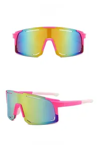 Close-up view of pink frame sports sunglasses with iridescent lenses for outdoors