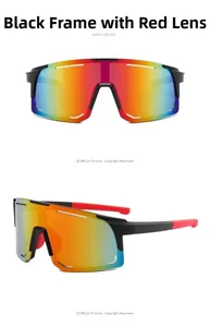 Front and side view of sports cycling sunglasses with black frame and red mirrored lens