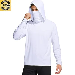 White UPF50+ ice silk sun protection hoodie with built-in face mask for outdoor use