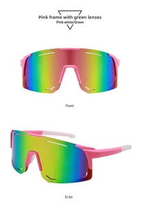 Detail views of pink frame sports sunglasses with green rainbow mirrored lenses.