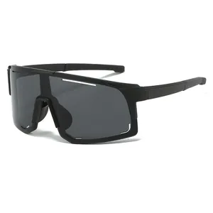 Detailed side view of black outdoor sports sunglasses with polarized shield lens