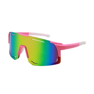 Professional outdoor sports sunglasses with pink frame and rainbow mirror lenses