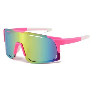 Close-up of pink outdoor sports sunglasses with iridescent mirrored lenses for UV protection.