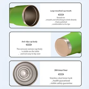 Detail of green vacuum insulated travel tumbler with large mouth and non-slip base.