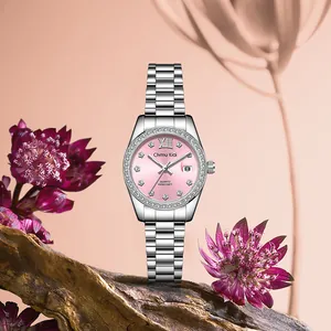 Elegant women's silver stainless steel quartz watch with a pink diamond-studded dial