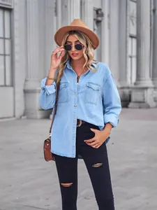Women's Casual Denim Shirt Thin Cotton Blend Long Sleeve Button Down Blouse Lapel Top With Double Pockets Slim Fit Outwear