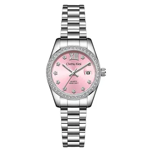 Luxury women's quartz watch with pink dial and diamond-set silver stainless steel strap