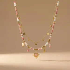 New Chinese style colorful beaded necklace with gold sun and star charms for women